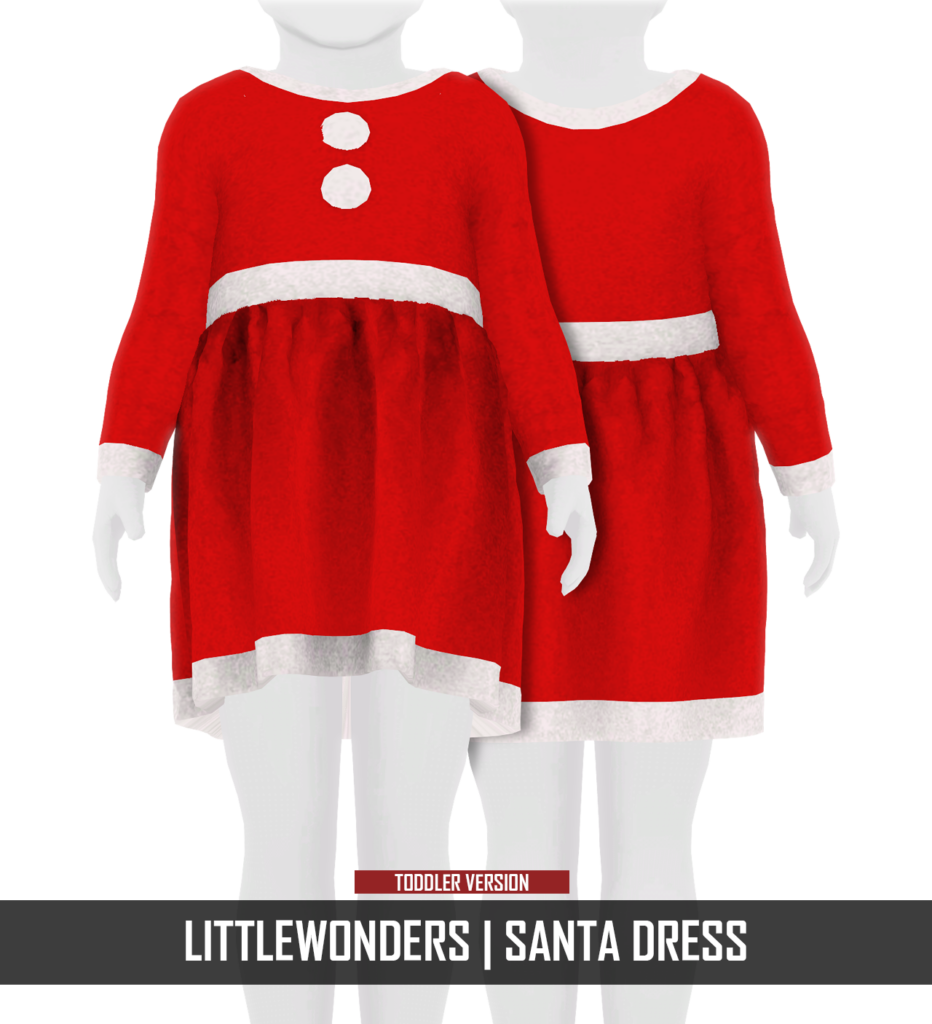Une mannequin dans Les Sims 4 portant une robe qui ressemble au Père Noël en rouge et blanc avec deux boutons rouges, CC de Noël
