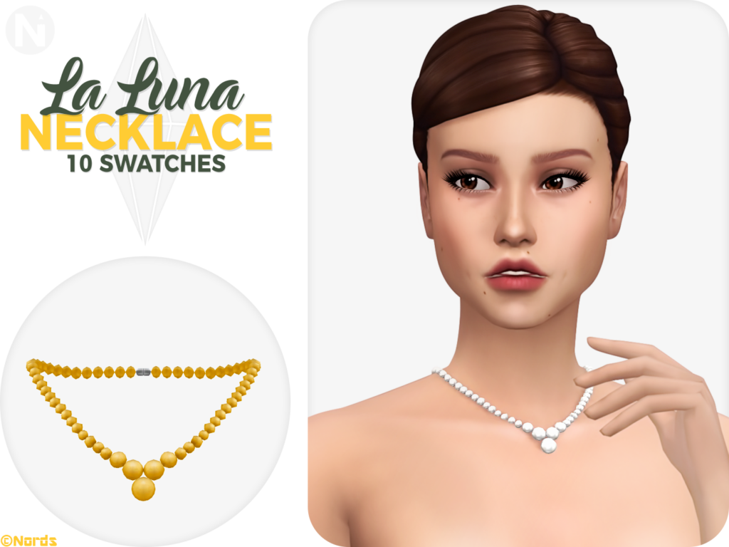 Un sim avec les cheveux bruns relevés en chignon portant un collier composé de nombreuses petites pièces métalliques en forme de cercle.