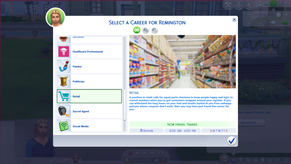 Carrière dans le commerce de détail dans les Sims 4