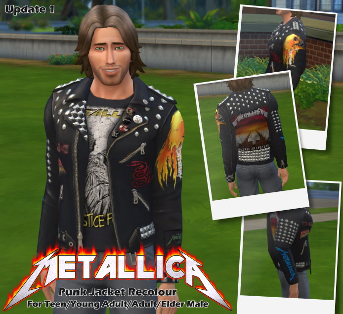 Un homme des Sims 4 debout dans une parcelle d'herbe et souriant. Ils portent une option de veste cc de style Metallica qui est couverte de décalcomanies, de clous et plus encore.