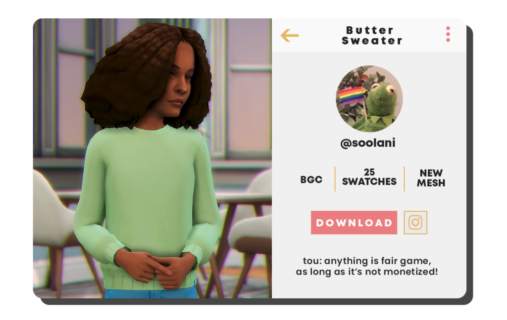 un sim avec des cheveux bouclés portant un magnifique pull vert