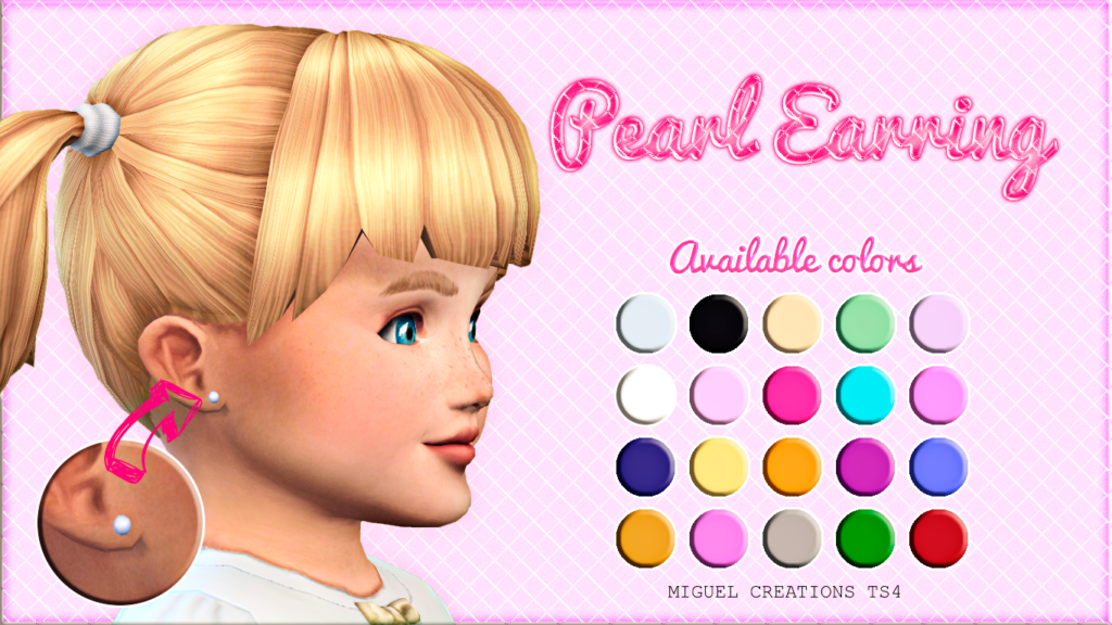 Une petite fille aux cheveux blonds avec des couettes et une frange. Elle porte une paire de petites boucles d'oreilles en perles bleu clair.