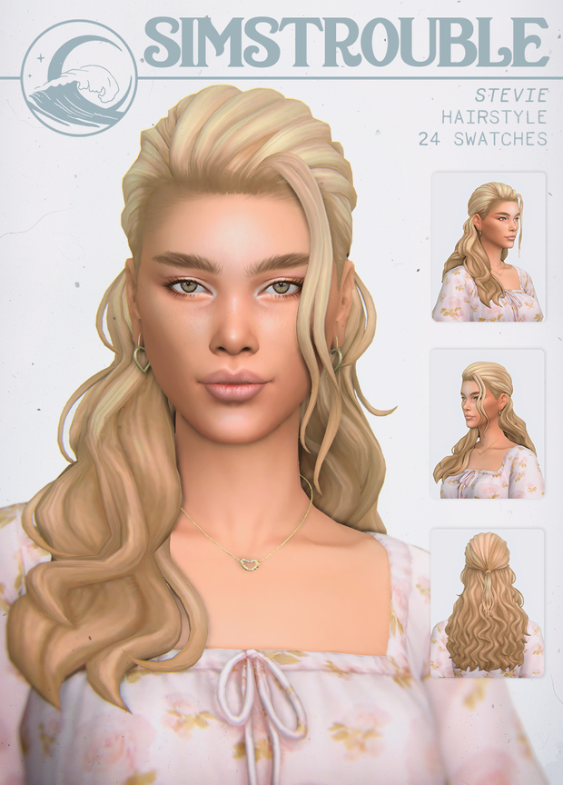 Un sim avec des cheveux blonds et des yeux noisette clairs portant une robe rose pâle.