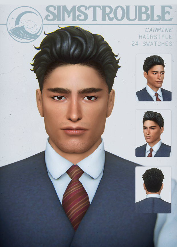 Un sim portant une chemise, un gilet et une cravate avec des cheveux noirs.