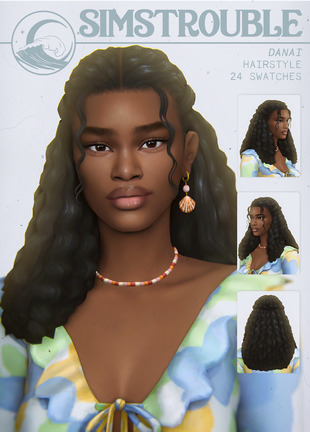 Un sim avec des cheveux foncés tirés en arrière avec de petites boucles encadrant leur visage. Ils portent des boucles d'oreilles en coquillage et une chemise bleue, jaune et verte. 