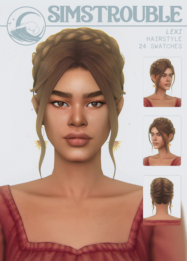 Un sim qui porte une robe rouge avec un décolleté carré, une paire de boucles d'oreilles pendantes en forme de demi-lune et une coiffure relevée avec une tresse en couronne.