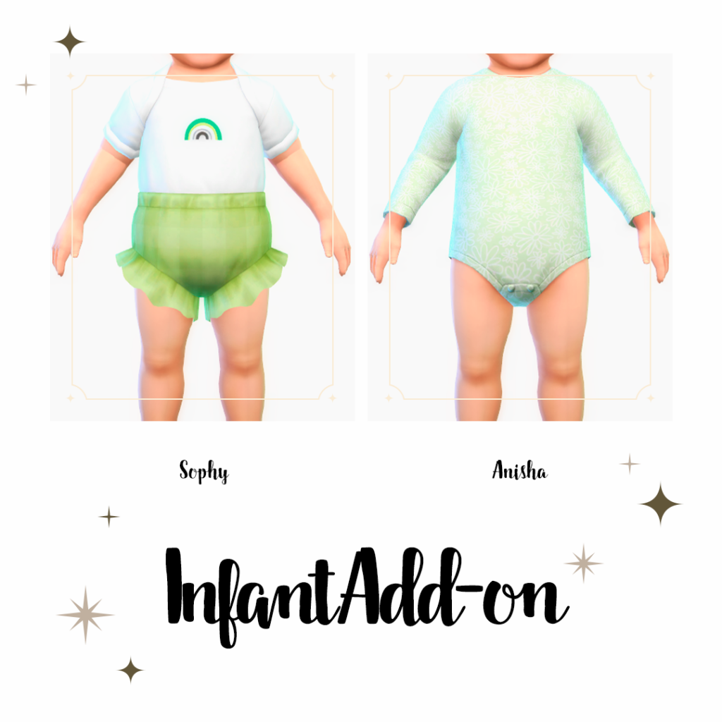 Un fond blanc avec deux bébés se tenant les bras écartés, leurs visages sont découpés. Ils portent des tenues pour bébés du jeu Sims 4.