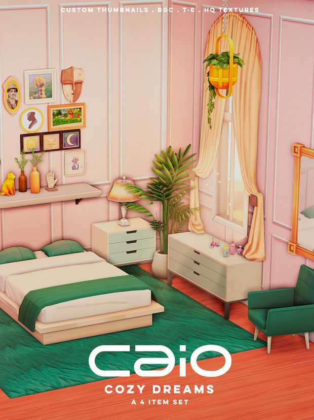 Un lit sans tête de lit avec une étagère au-dessus, il y a une table de chevet assortie et une commode ainsi qu'une chaise en vert foncé ainsi qu'un tapis assorti.