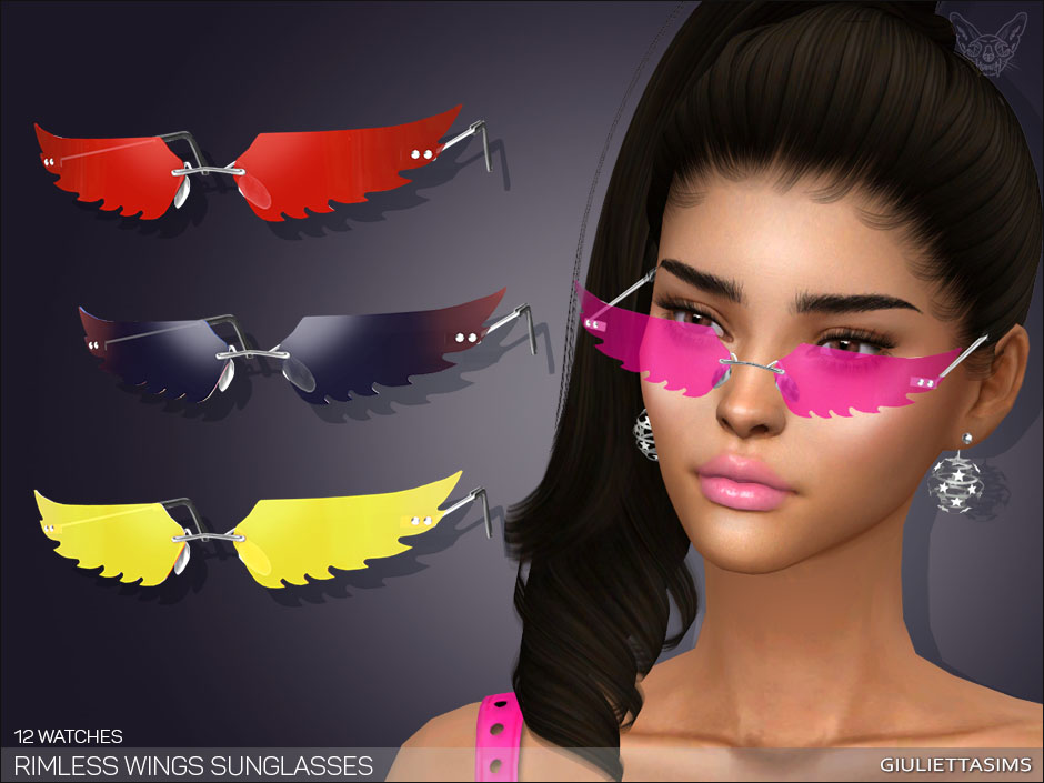 Un Sim avec les cheveux noirs attachés en queue de cheval. Ils portent des boucles d'oreilles en forme de boule disco et ont les yeux marron. Ils portent des lunettes de soleil roses qui ressemblent à l'aile d'un oiseau.