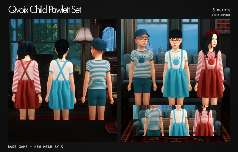 Trois enfants dans Les Sims 4 portant des tenues pour enfants avec des tee-shirts mignons avec des pattes d'animaux et soit des shorts, soit une jupe.