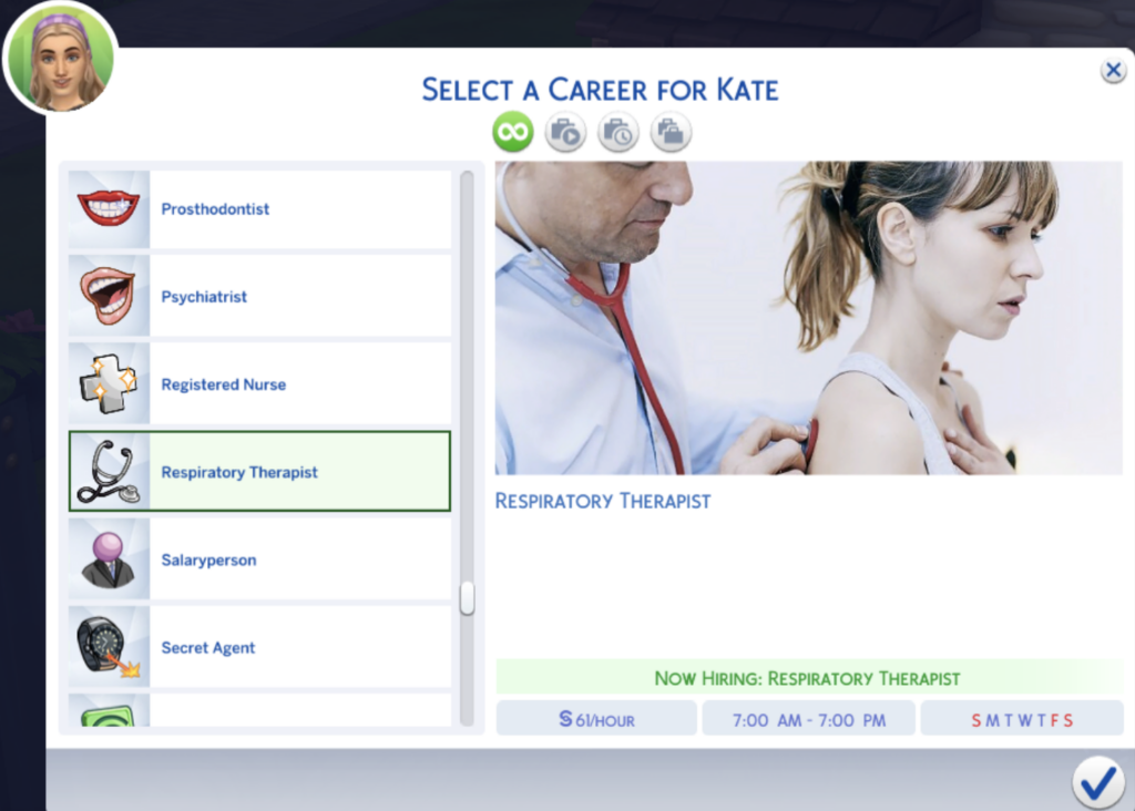mods de carrière de thérapeute respiratoire pour Sims 4