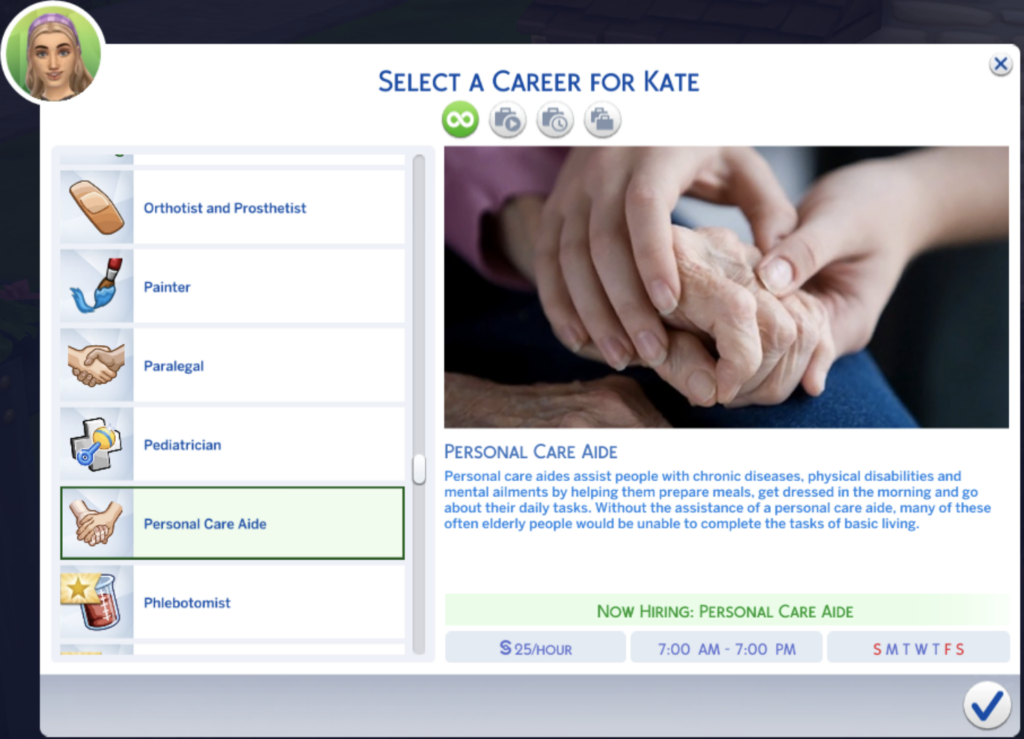 carrière sims 4 d'aide aux soins personnels
