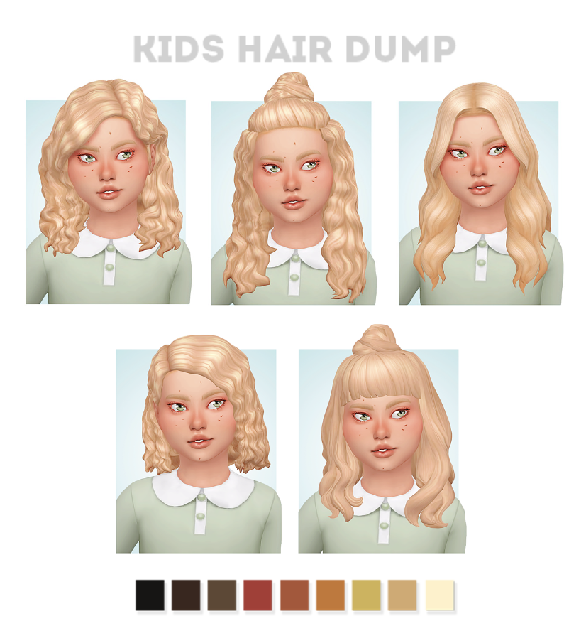 cinq images du même Sim avec différentes versions de cheveux bouclés blonds dans Les Sims 4 le Sim avec des cheveux bouclés personnalisés porte une chemise verte avec des boutons et un col Peter Pan 