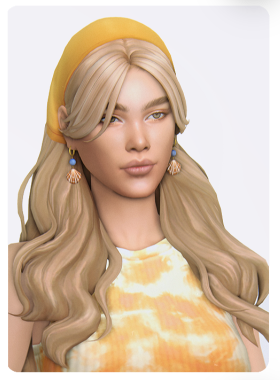 un sim avec des cheveux bouclés, un bandeau jaune et des boucles d'oreilles en coquillage 