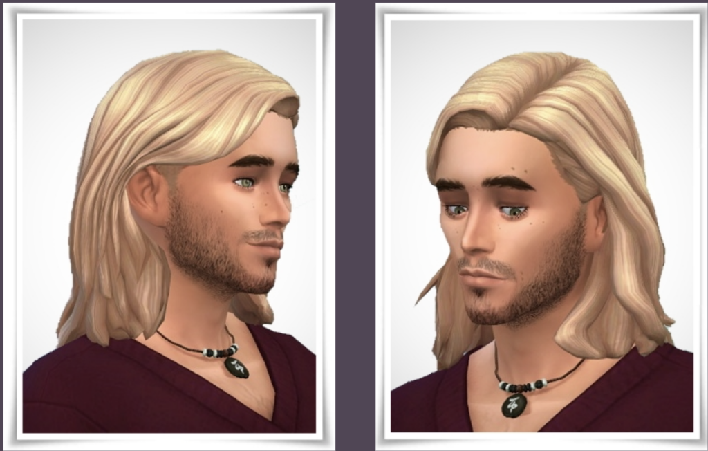 Un sim évitant le contact visuel avec une barbe brune et des cheveux blonds. Ce sim porte un t-shirt bordeaux