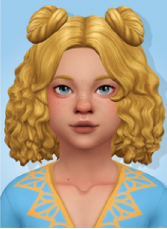 un sims avec des cheveux bouclés cc légèrement plus courts que les épaules qui a deux chignons sur le dessus
