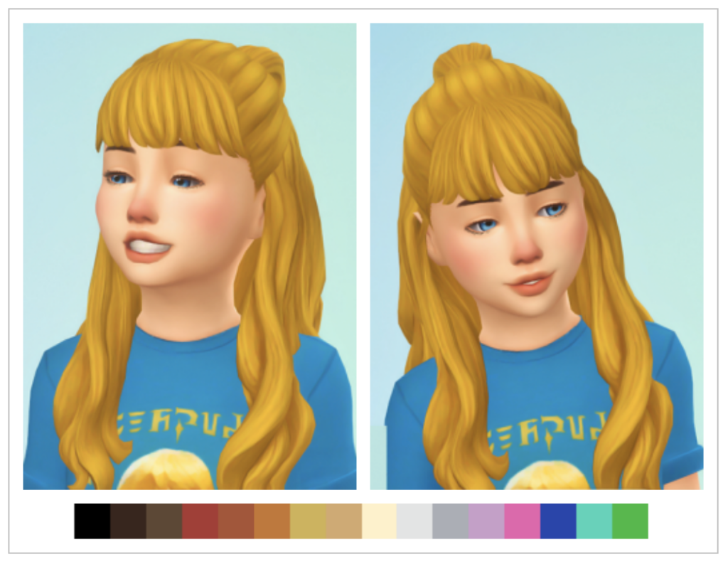 Un enfant dans Les Sims 4 avec des cheveux personnalisés mi-attachés, mi-détachés et des franges