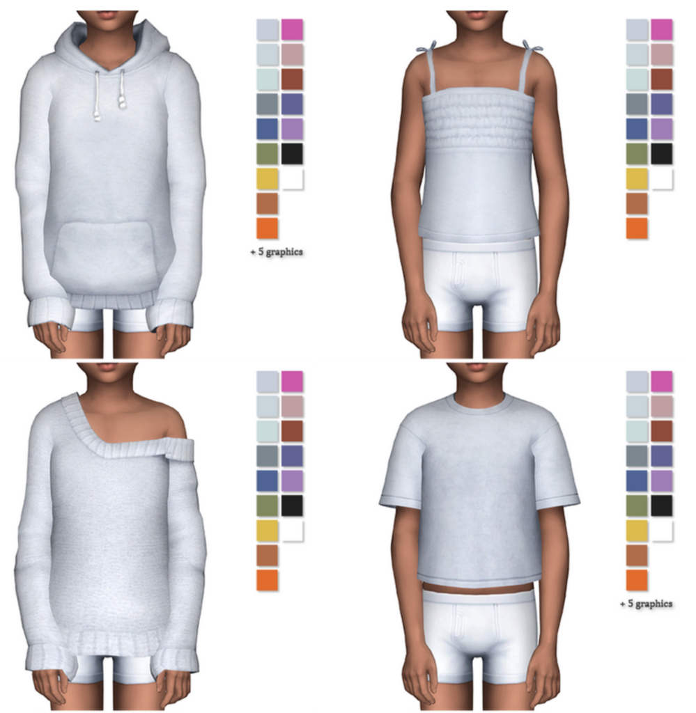 quatre options de chemises pour enfants sims 4 en gris