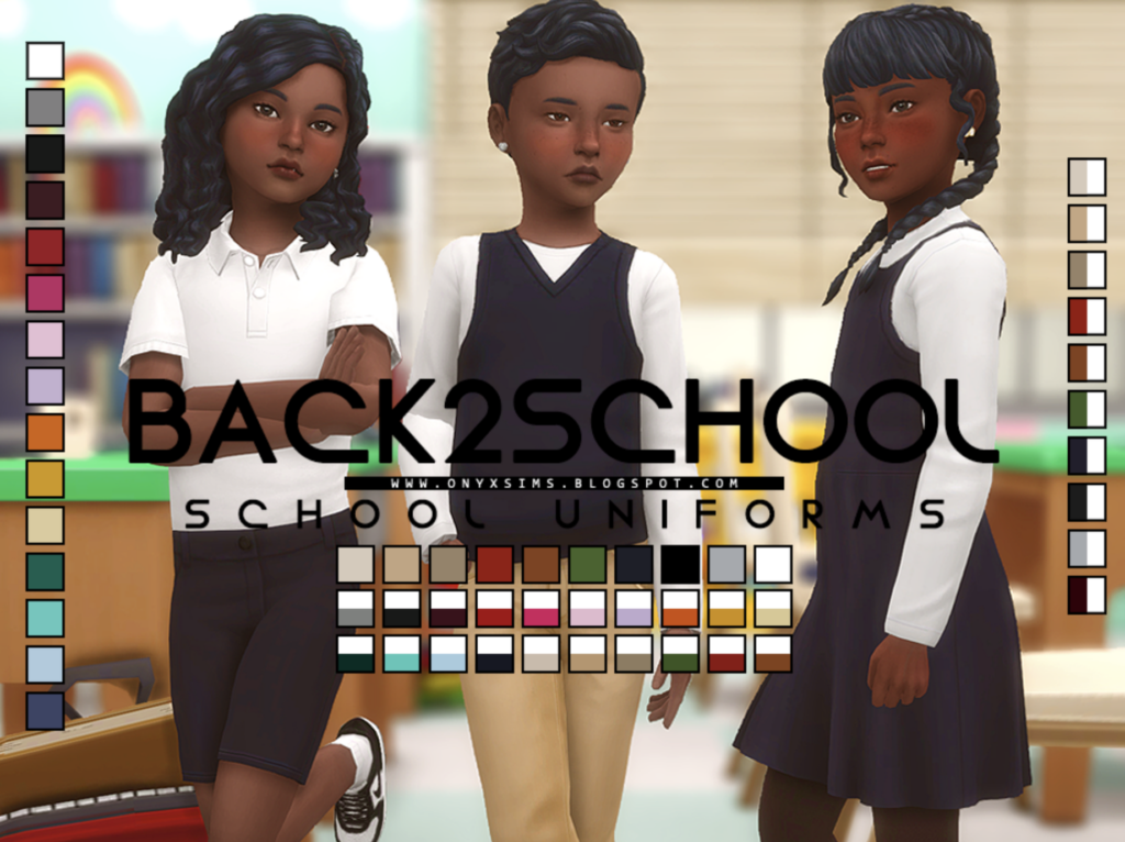 Trois sims portant des tenues kaki, noires et blanches ressemblant à des uniformes scolaires
