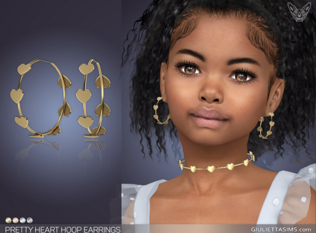 Un enfant dans Les Sims 4 portant une paire de boucles d'oreilles avec des cœurs autour de l'anneau.