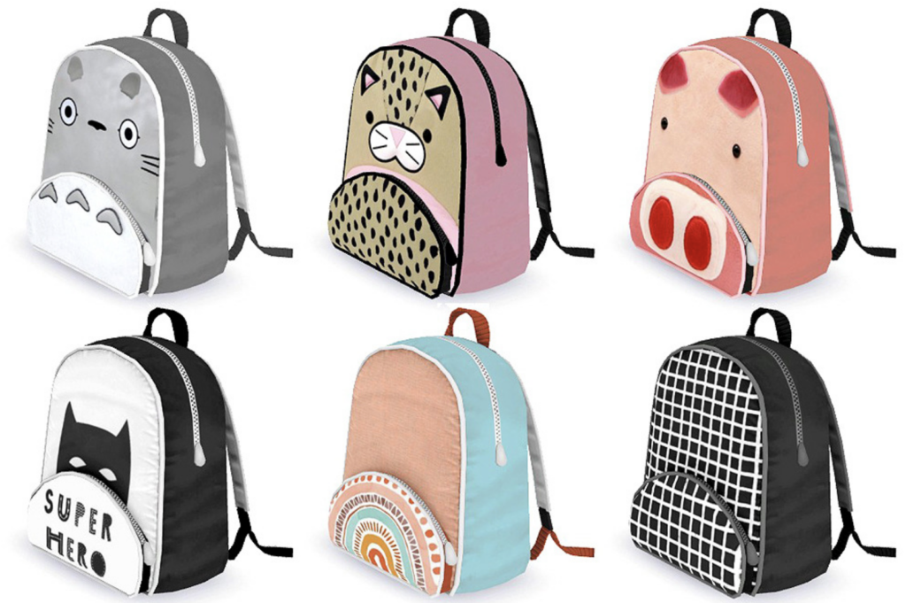 Un ensemble de six sacs à dos avec différents designs comme un chat, un cochon ou un super-héros