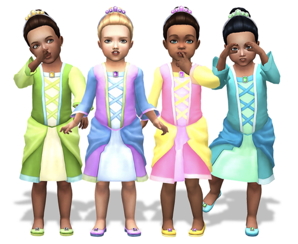 Quatre tout-petits dans Les Sims 4 portant des costumes de princesse assortis pour Halloween dans des couleurs vives. Ils ont également des diadèmes et des chaussures assorties.