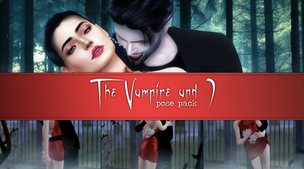 Un groupe d'images où deux personnages des Sims 4 effectuent différentes options de poses d'Halloween.