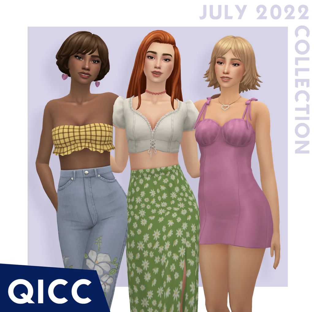 Trois personnages féminins des Sims 4 se tenant les bras autour les uns des autres. Ils portent des vêtements inspirés des années 90 et du début des années 2000.