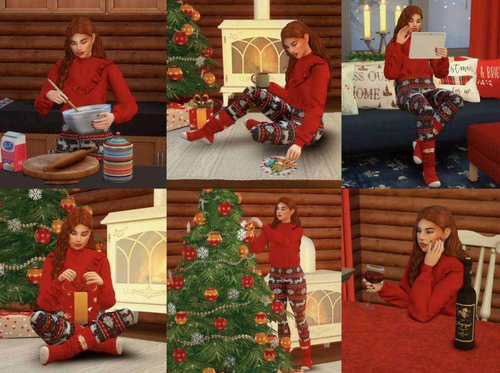Six rectangles où un Sim aux cheveux roux fait diverses activités de Noël seul, comme boire du vin, faire des cookies et décorer un arbre