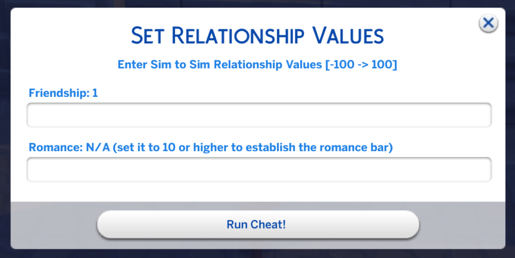 définir les valeurs de relation pour les triches des relations dans les Sims 4 avec l'extension UI Cheats