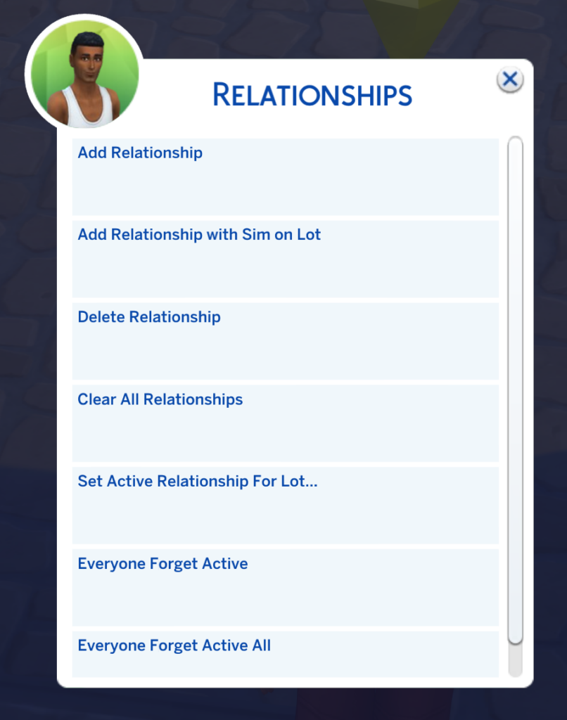 Menu des relations dans le MC Command Center