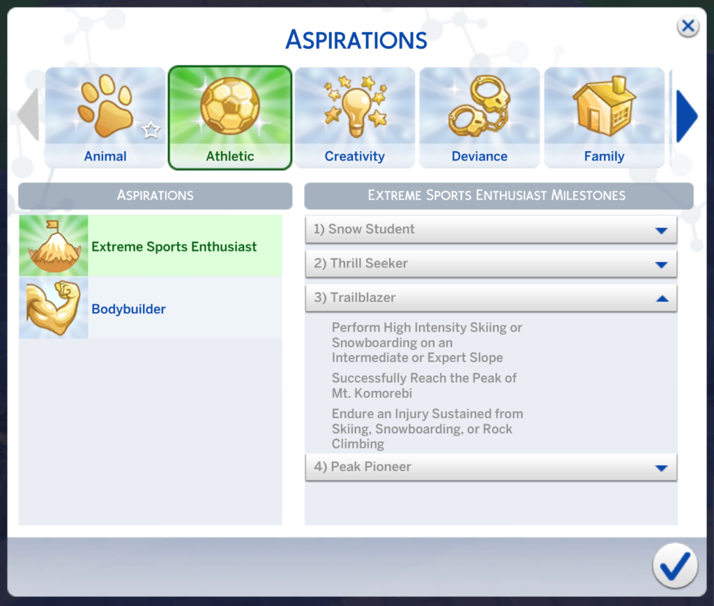 niveau trois, trailblazer, de l'aspiration extrême sports des Sims 4