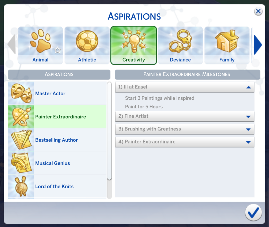 aspiration niveau un du peintre extraordinaire dans les Sims 4