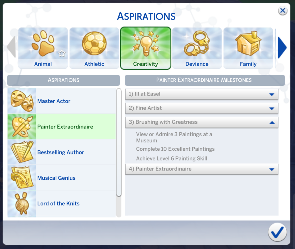 aspiration niveau 3 du peintre extraordinaire des Sims 4