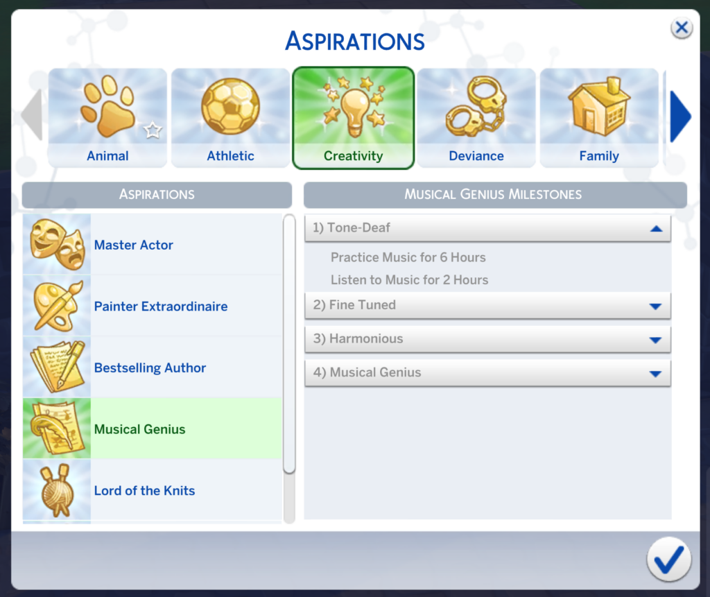 première étape de l'aspiration génie musical des Sims 4