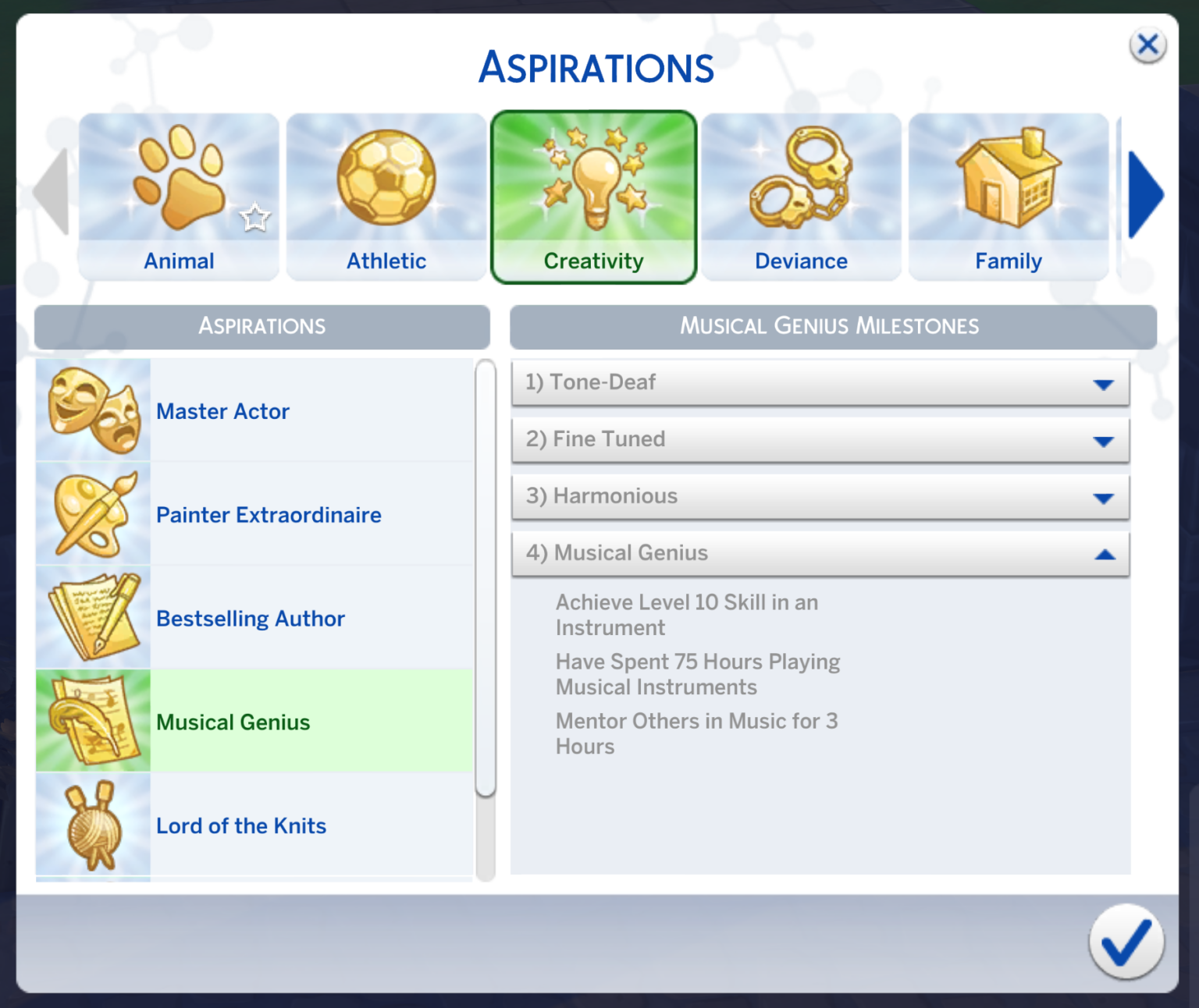 dernier niveau de l'aspiration de génie de la musique dans les Sims 4