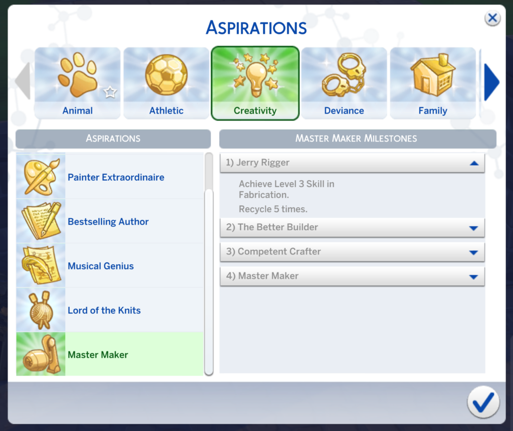 aspiration maître créateur sims 4