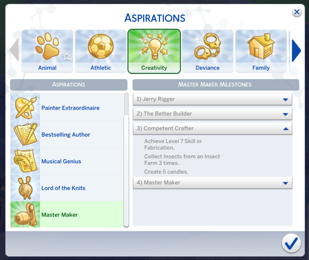niveau artisan compétent créateur de maître sims 4