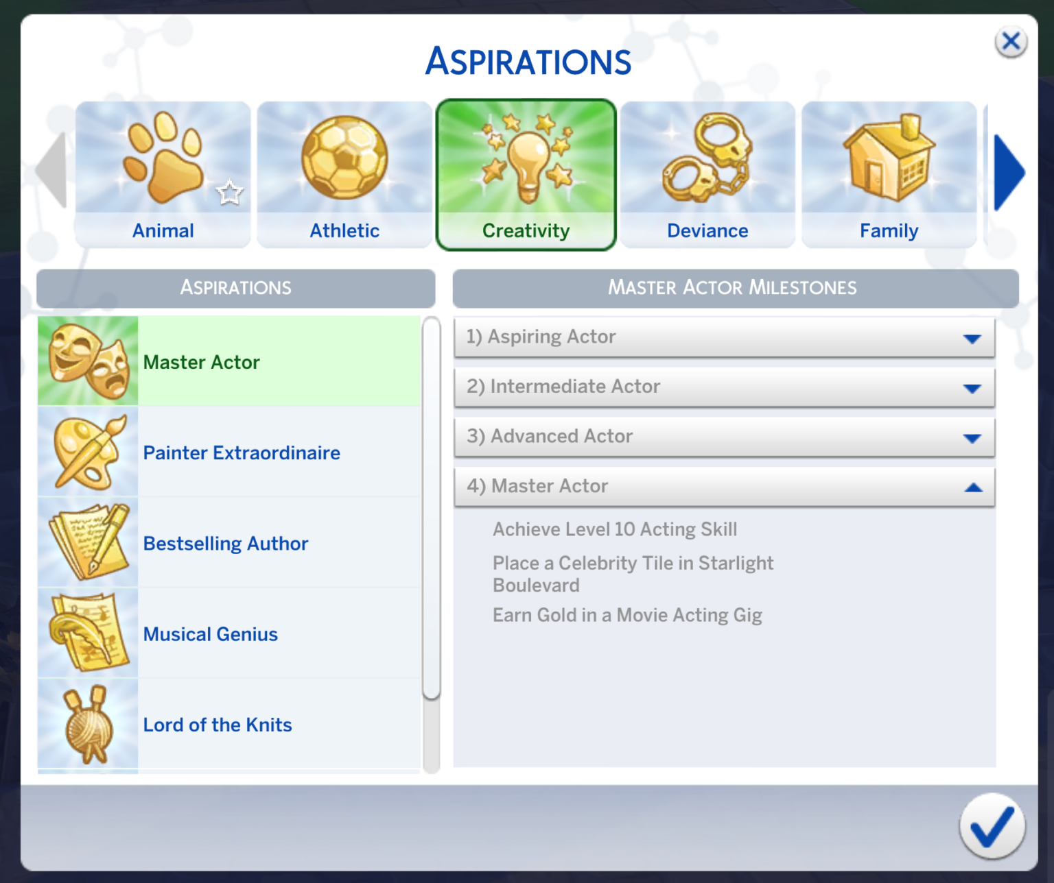 aspiration de maître acteur sims 4