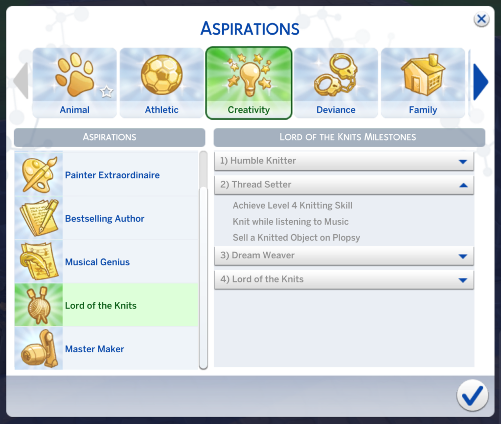 deuxième niveau de l'aspiration seigneur ou dame du tricot dans les Sims 4
