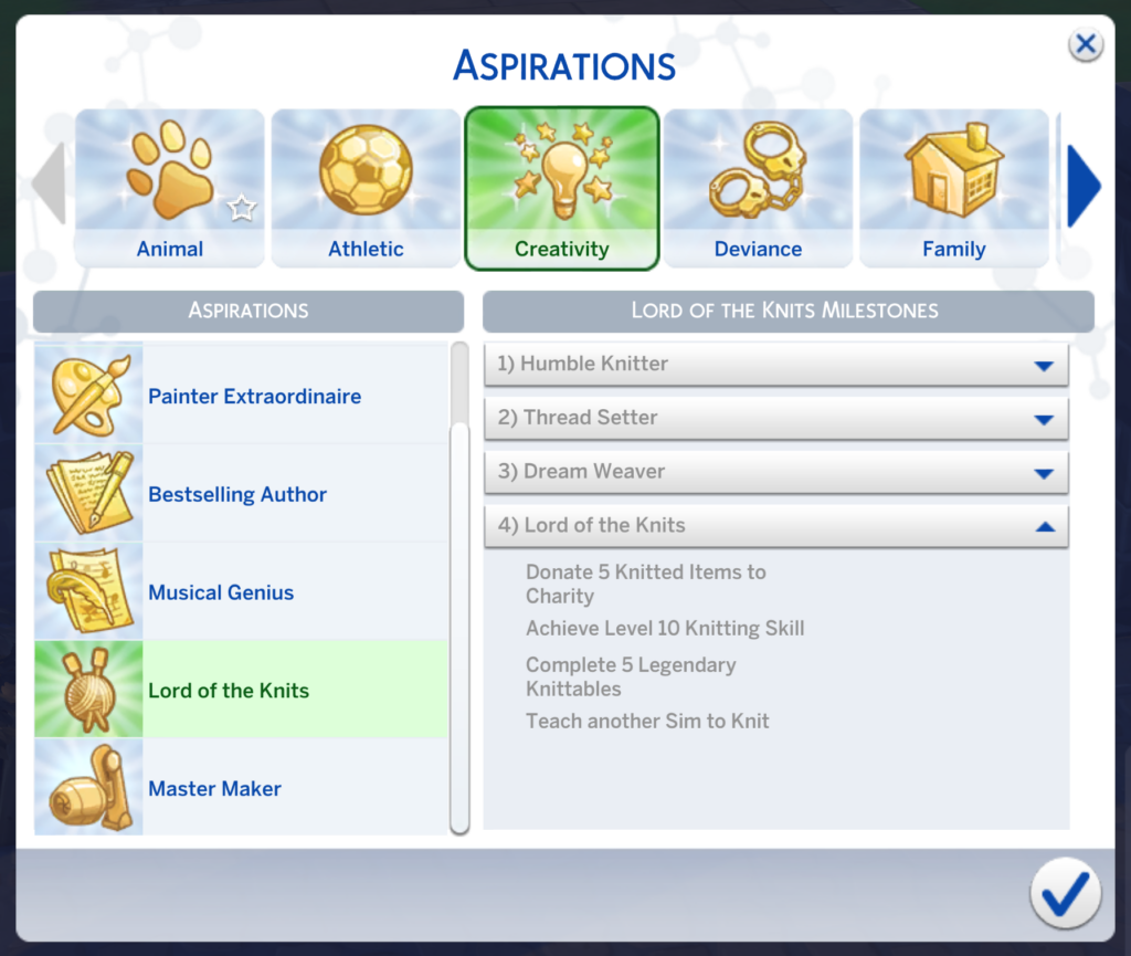 aspiration Les Sims 4 Seigneur ou Dame des Tricots