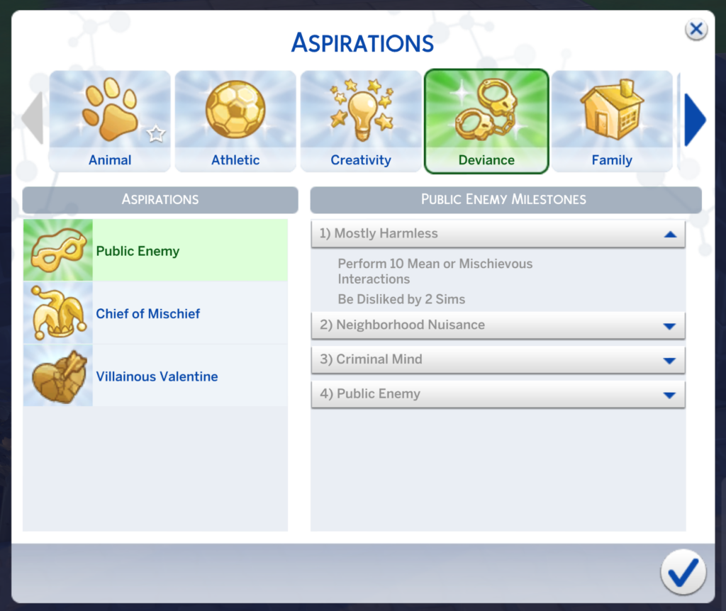 niveau un de l'aspiration ennemi public des Sims 4