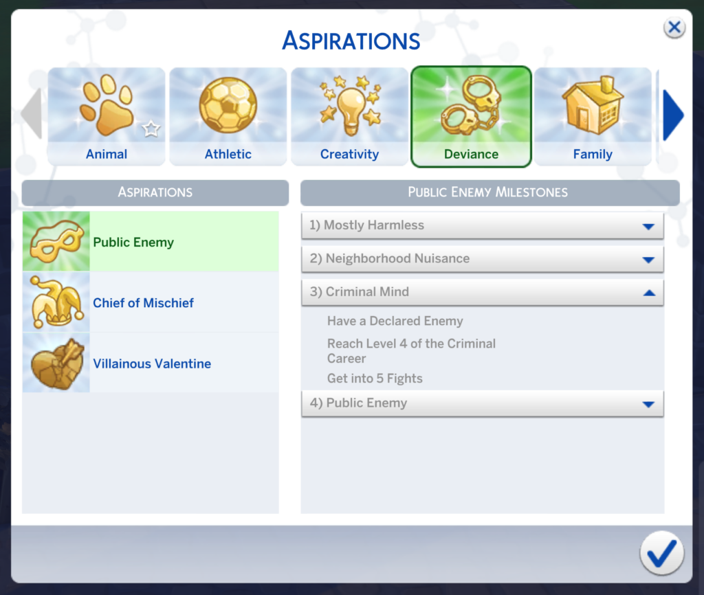 aspirations de déviance sims 4