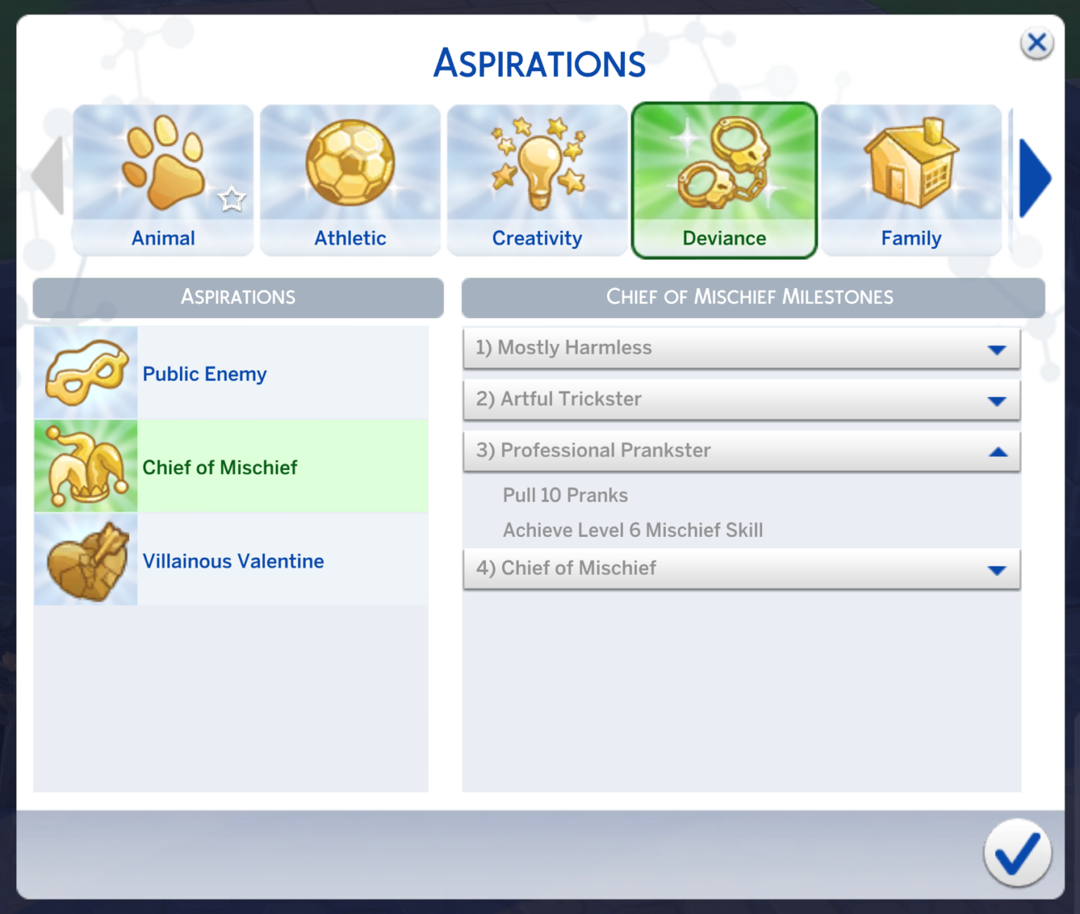 niveau d'aspiration farceur professionnel pour les Sims 4 aspiration chef des bêtises