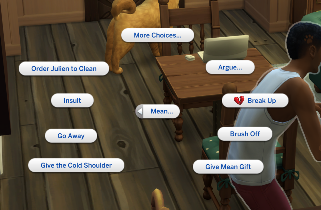 interaction de rupture des Sims 4 pour l'aspiration Valentin Vilain