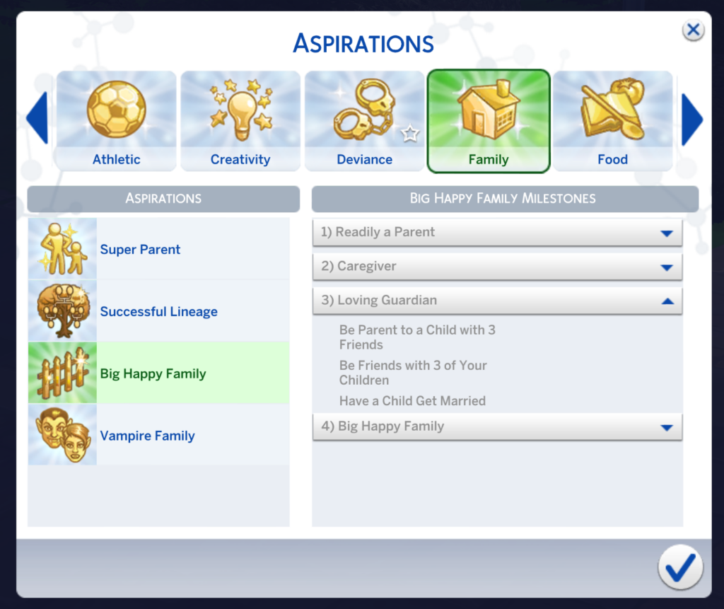niveau gardien aimant de l'aspiration grande famille heureuse dans Les Sims 4