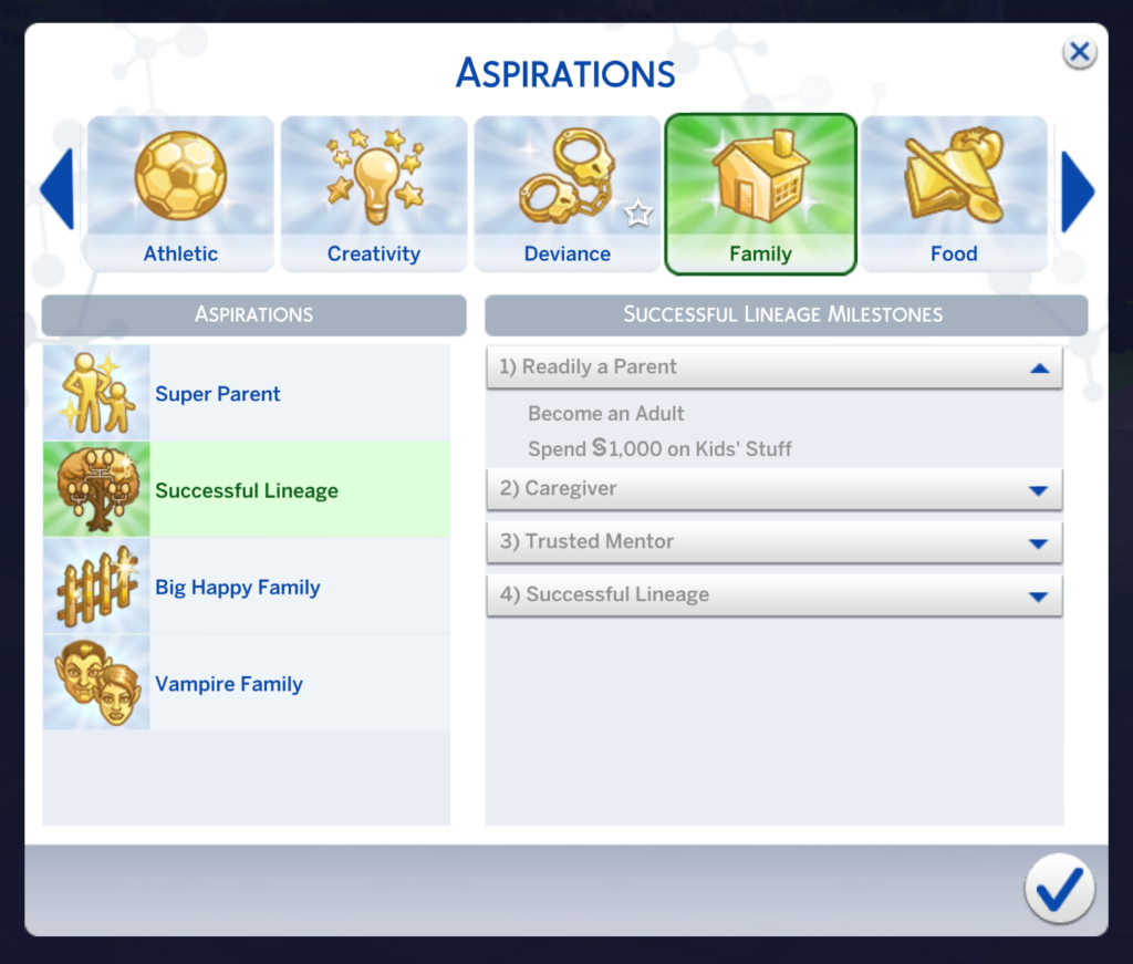 niveau facilement parent de l'aspiration lignée réussie des Sims 4