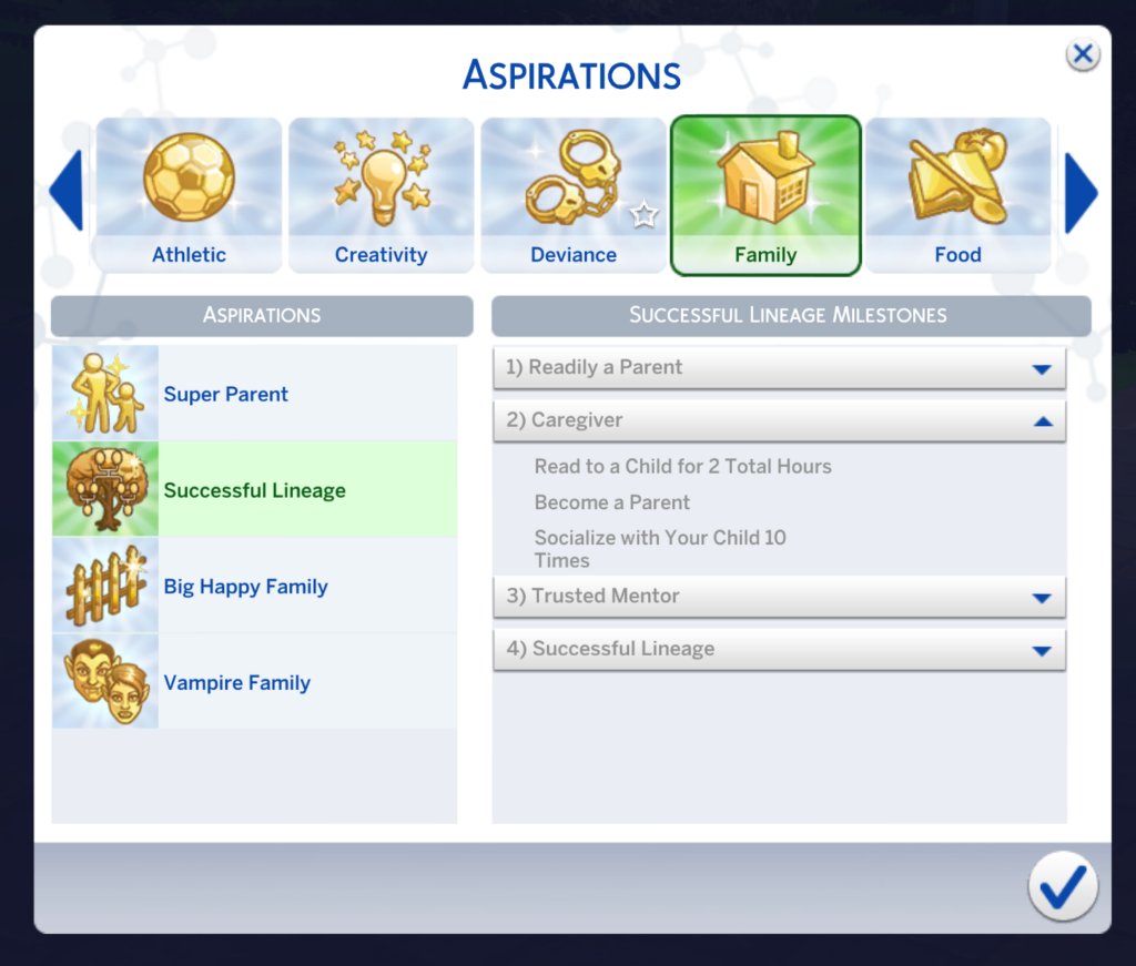 niveau soignant de l'aspiration des Sims 4