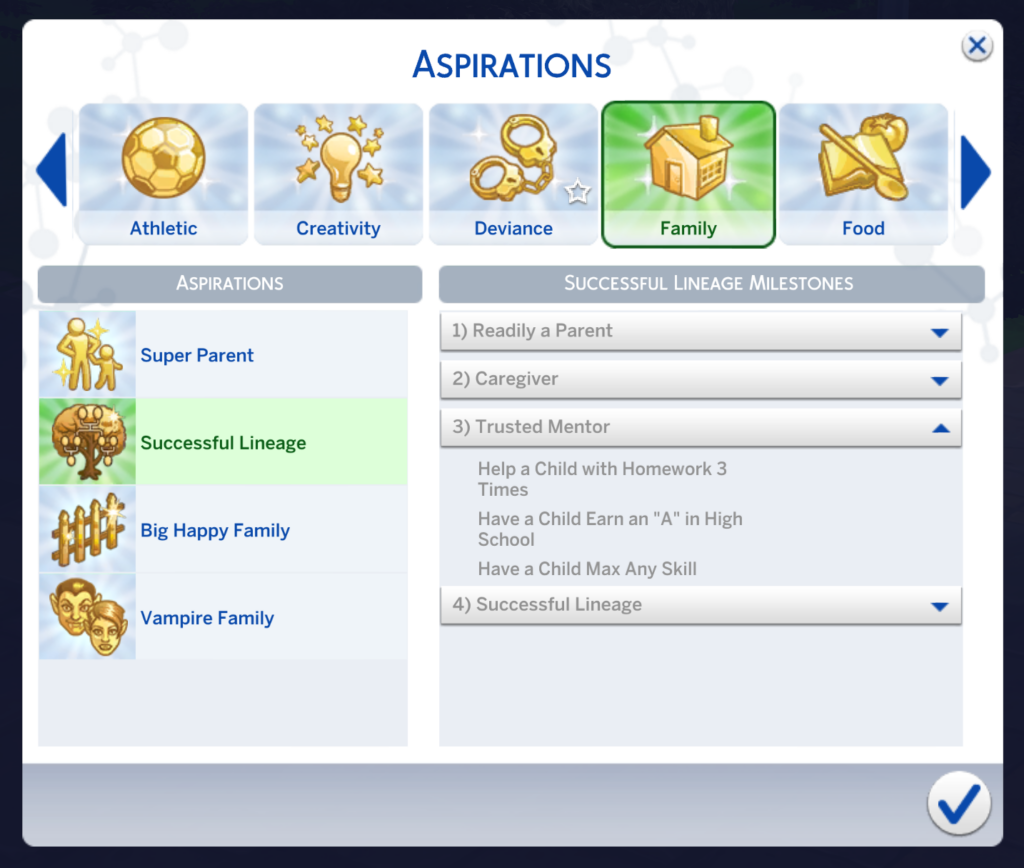 aspiration de lignée réussie Sims 4 mentor de confiance