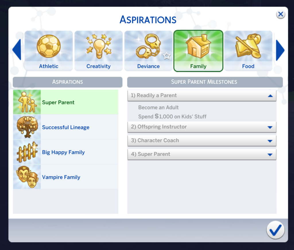 première partie de l'aspiration super parent des Sims 4